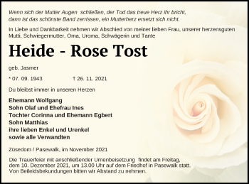 Traueranzeige von Heide-Rose Tost von Pasewalker Zeitung