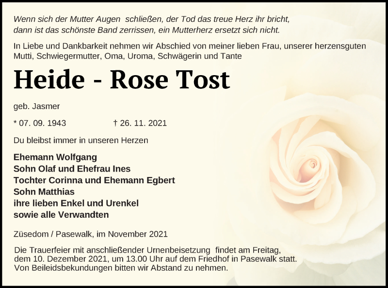  Traueranzeige für Heide-Rose Tost vom 30.11.2021 aus Pasewalker Zeitung