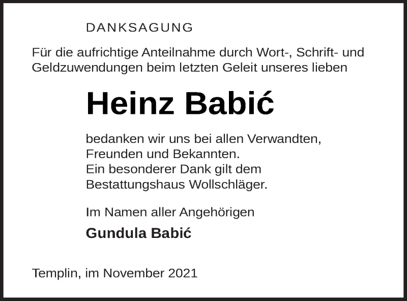  Traueranzeige für Heinz Babic vom 05.11.2021 aus Templiner Zeitung