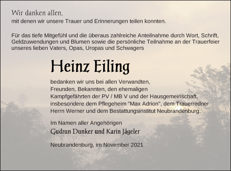  Traueranzeige für Heinz Eiling vom 20.11.2021 aus Neubrandenburger Zeitung