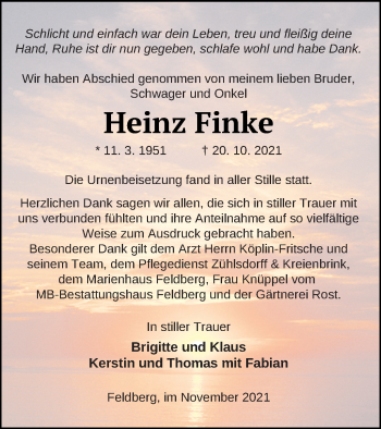 Traueranzeige von Heinz Finke von Strelitzer Zeitung