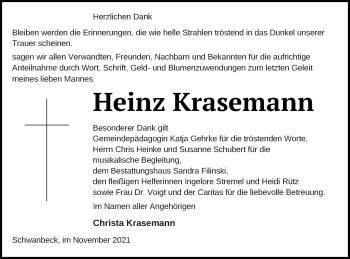 Traueranzeige von Heinz Krasemann von Neubrandenburger Zeitung