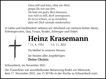 Traueranzeige von Heinz Krasemann von Neubrandenburger Zeitung