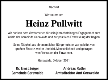 Traueranzeige von Heinz Pullwitt von Templiner Zeitung