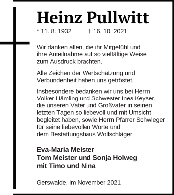 Traueranzeige von Heinz Pullwitt von Templiner Zeitung