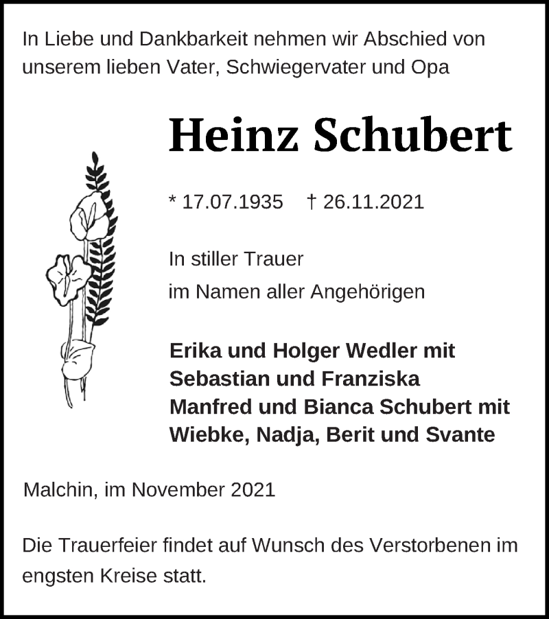  Traueranzeige für Heinz Schubert vom 30.11.2021 aus Mecklenburger Schweiz