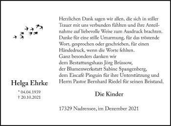 Traueranzeige von Helga Ehrke von Pasewalker Zeitung