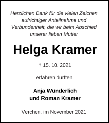 Traueranzeige von Helga Kramer von Demminer Zeitung