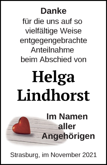 Traueranzeige von Helga Lindhorst von Pasewalker Zeitung