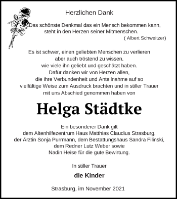 Traueranzeige von Helga Städtke von Neubrandenburger Zeitung