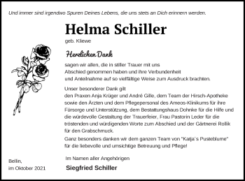 Traueranzeige von Helma Schiller von Haff-Zeitung