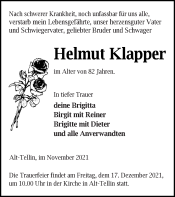 Traueranzeige von Helmut Klapper von Vorpommern Kurier