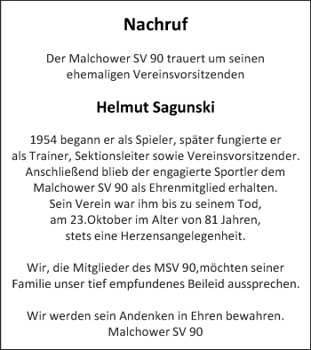 Traueranzeige von Helmut Sagunski von Müritz-Zeitung
