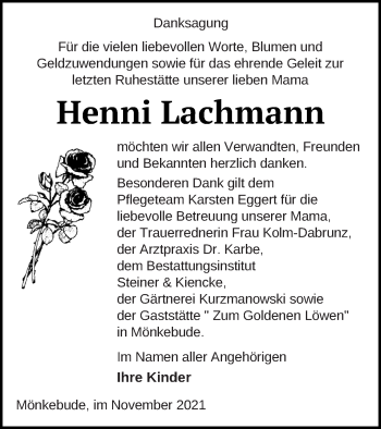 Traueranzeige von Henni Lachmann von Haff-Zeitung