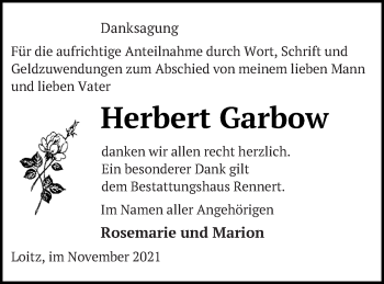 Traueranzeige von Herbert Garbow von Vorpommern Kurier