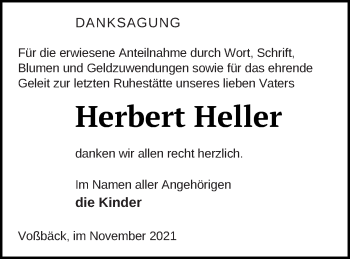 Traueranzeige von Herbert Heller von Vorpommern Kurier