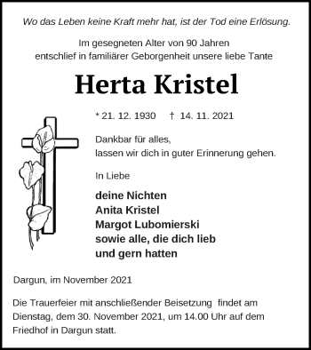 Traueranzeige von Herta Kristel von Mecklenburger Schweiz