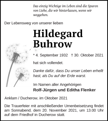 Traueranzeige von Hildegard Buhrow von Vorpommern Kurier