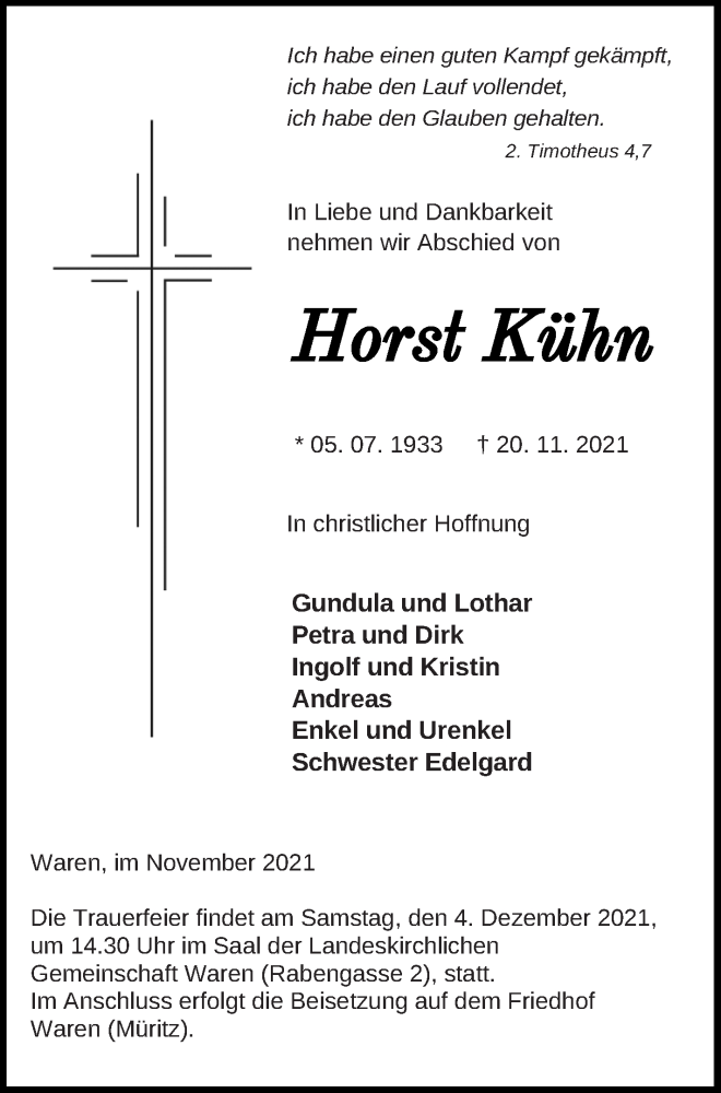  Traueranzeige für Horst Kühn vom 27.11.2021 aus Müritz-Zeitung