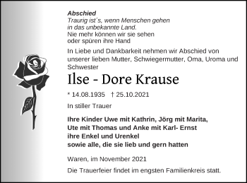 Traueranzeige von Ilse-Dore Krause von Müritz-Zeitung