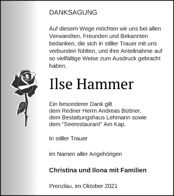 Traueranzeige von Ilse Hammer von Prenzlauer Zeitung