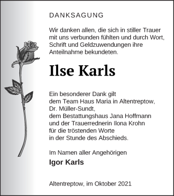 Traueranzeige von Ilse Karls von Neubrandenburger Zeitung