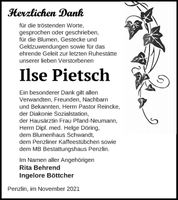 Traueranzeige von Ilse Pietsch von Müritz-Zeitung