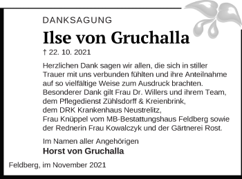 Traueranzeige von Ilse von Gruchalla von Strelitzer Zeitung