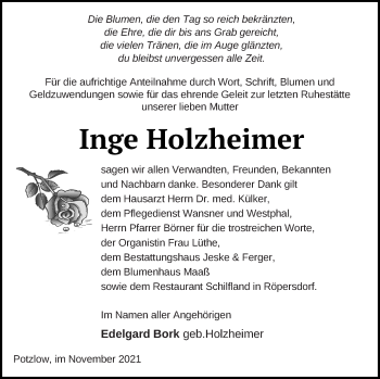 Traueranzeige von Inge Holzheimer von Prenzlauer Zeitung