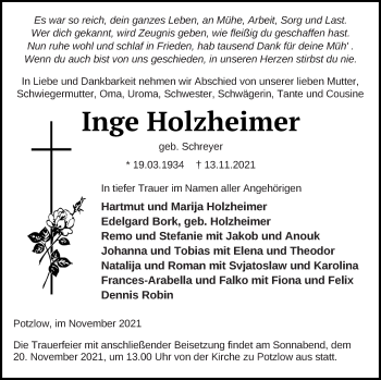 Traueranzeige von Inge Holzheimer von Prenzlauer Zeitung