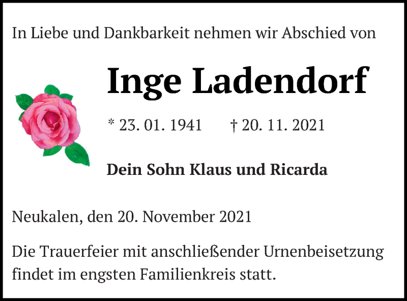  Traueranzeige für Inge Ladendorf vom 27.11.2021 aus Mecklenburger Schweiz