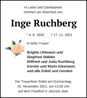 Traueranzeige von Inge Ruchberg von Pasewalker Zeitung