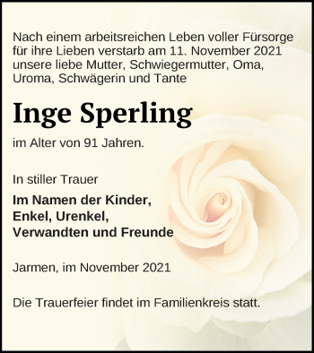 Traueranzeige von Inge Sperling von Vorpommern Kurier