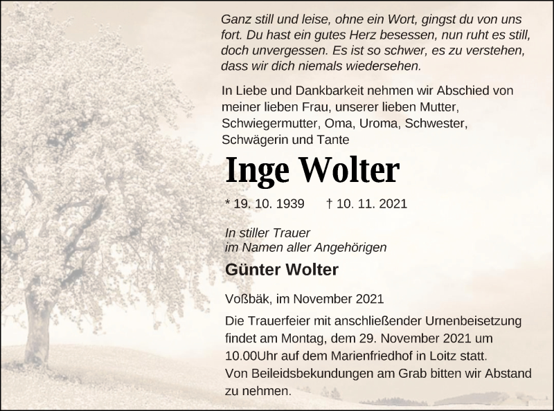  Traueranzeige für Inge Wolter vom 16.11.2021 aus Vorpommern Kurier