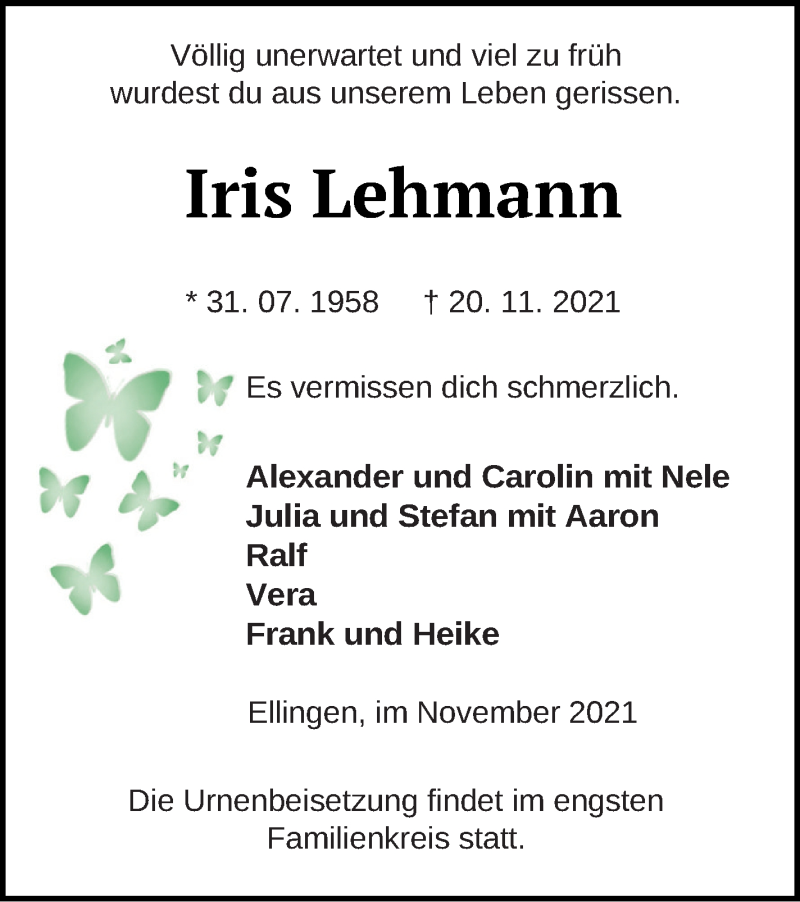  Traueranzeige für Iris Lehmann vom 27.11.2021 aus Prenzlauer Zeitung