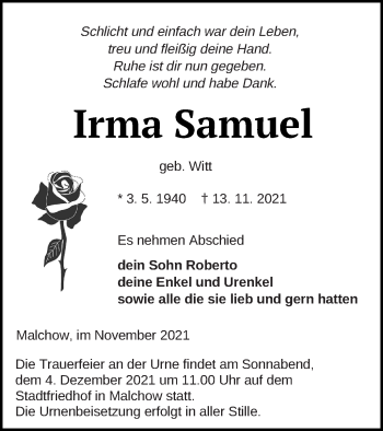 Traueranzeige von Irma Samuel von Müritz-Zeitung