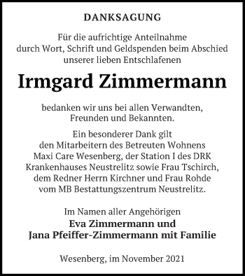 Traueranzeige von Irmgard Zimmermann von Strelitzer Zeitung