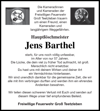 Traueranzeige von Jens Barthel von Neubrandenburger Zeitung