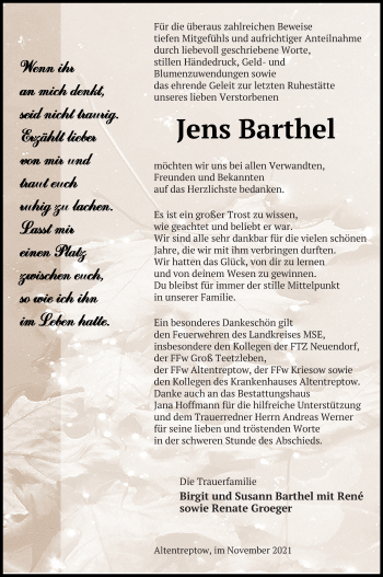 Traueranzeige von Jens Barthel von Neubrandenburger Zeitung