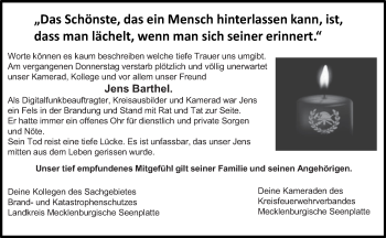 Traueranzeige von Jens Barthel von Demminer Zeitung