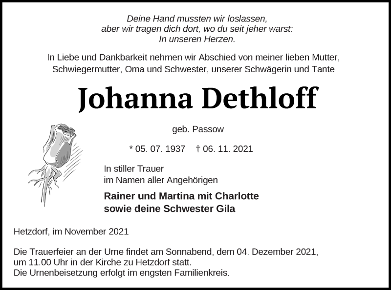  Traueranzeige für Johanna Dethloff vom 20.11.2021 aus Pasewalker Zeitung