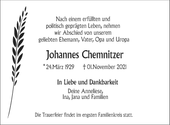 Traueranzeige von Johannes Chemnitzer von Neubrandenburger Zeitung