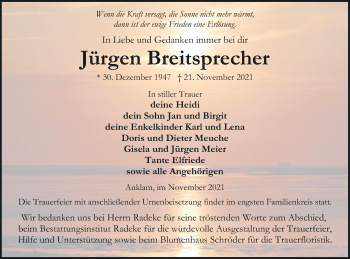 Traueranzeige von Jürgen Breitsprecher von Vorpommern Kurier