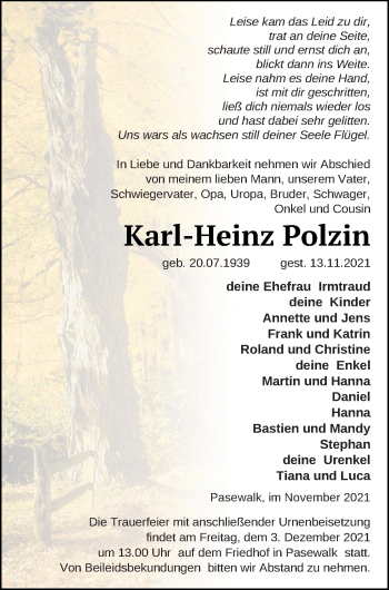 Traueranzeige von Karl-Heinz Polzin von Pasewalker Zeitung