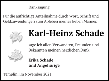 Traueranzeige von Karl-Heinz Schade von Templiner Zeitung
