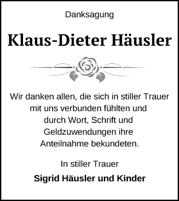 Traueranzeige von Klaus-Dieter Häusler von Vorpommern Kurier