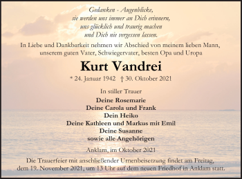 Traueranzeige von Kurt Vandrei von Vorpommern Kurier