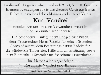 Traueranzeige von Kurt Vandrei von Vorpommern Kurier