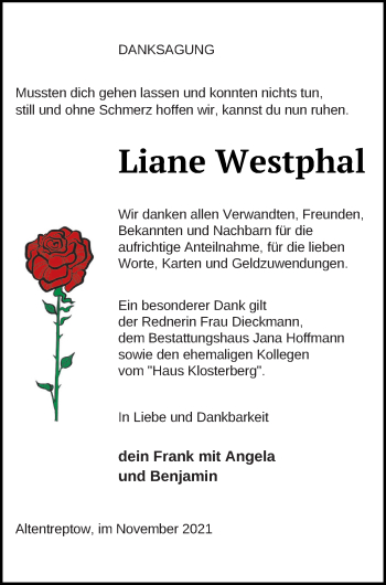 Traueranzeige von Liane Westphal von Neubrandenburger Zeitung