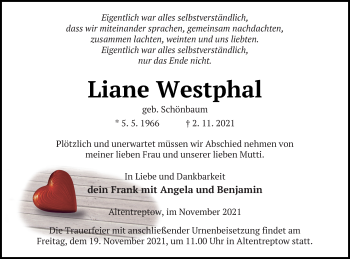 Traueranzeige von Liane Westphal von Neubrandenburger Zeitung